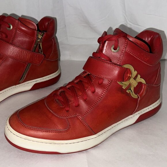 Size: 9.5 Salvatore Ferragamo Nayon High Top Men’s Sneaker Red Rosso Calf ITALY - Picture 1 of 10
